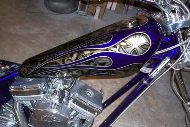 Iron Horse chopper with flames and skulls airbrushed on tank and fenders custom painted iron horse chopper flames skulls